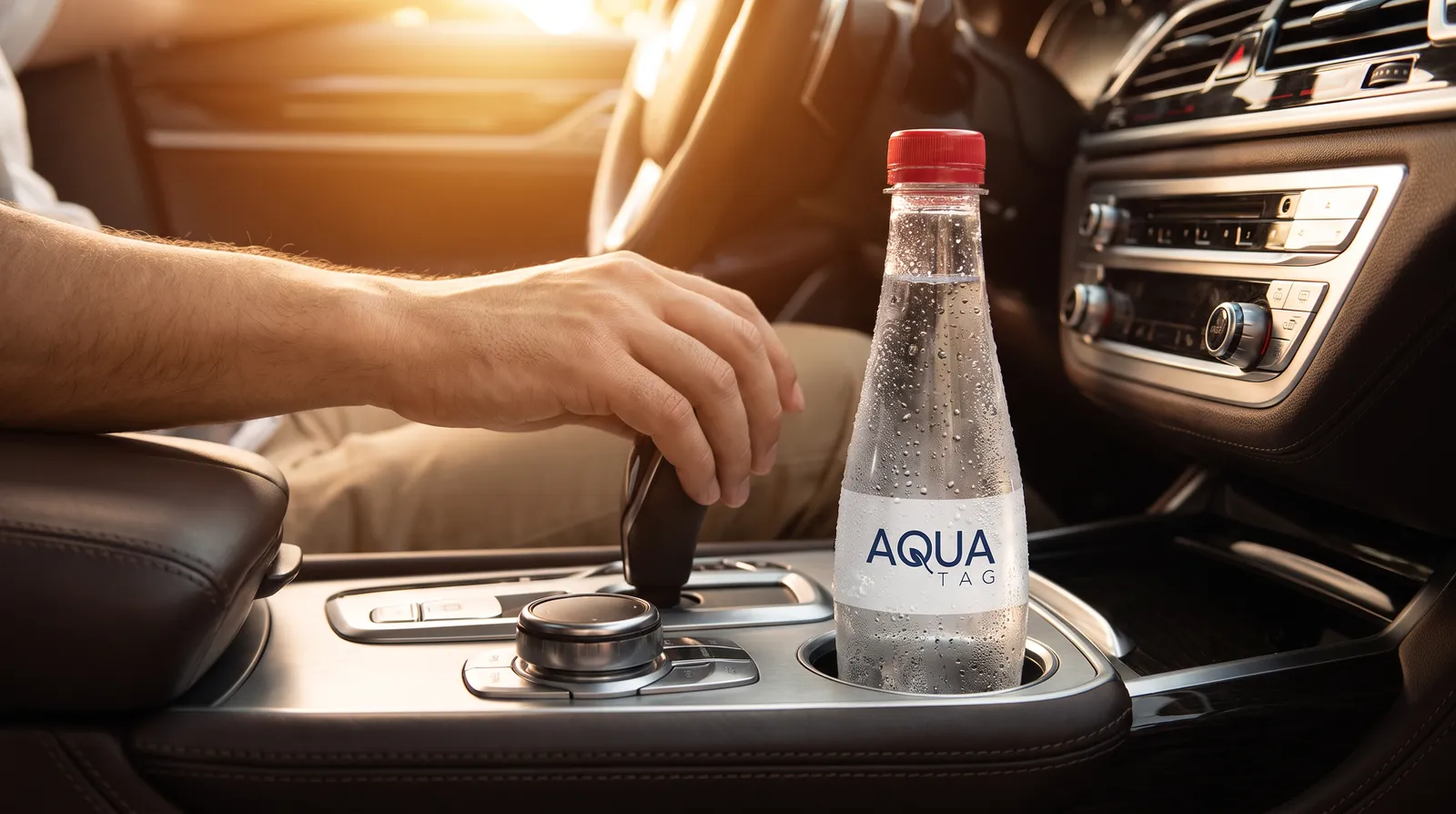Interior de un carro con una botella de tapa roja en el portavasos