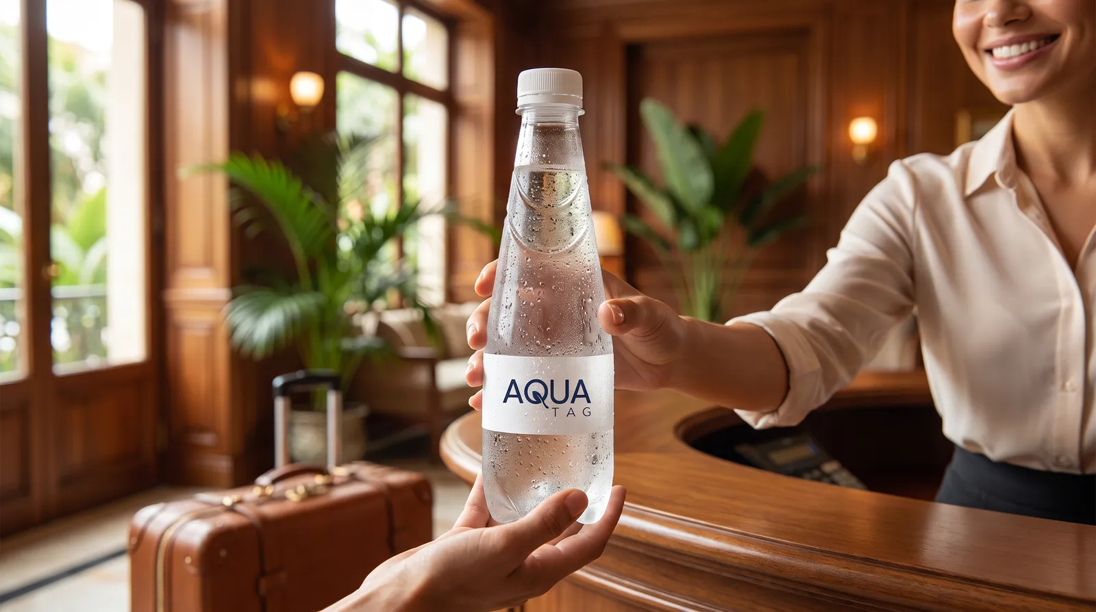 Recepción de hotel entregando un agua personalizada