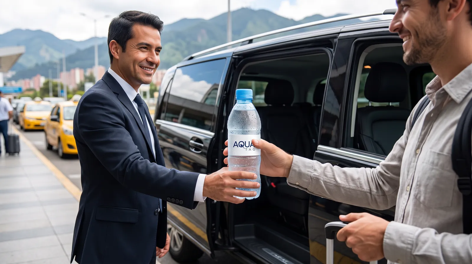 Un conductor entrega un agua personalizada al subir a la camioneta
